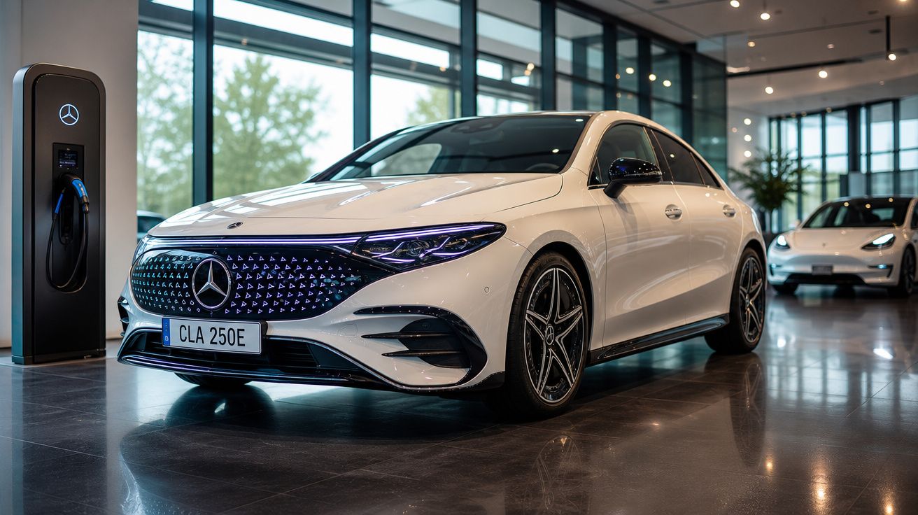 Carro elétrico branco Mercedes-Benz CLA 250E num showroom moderno com estação de carregamento.