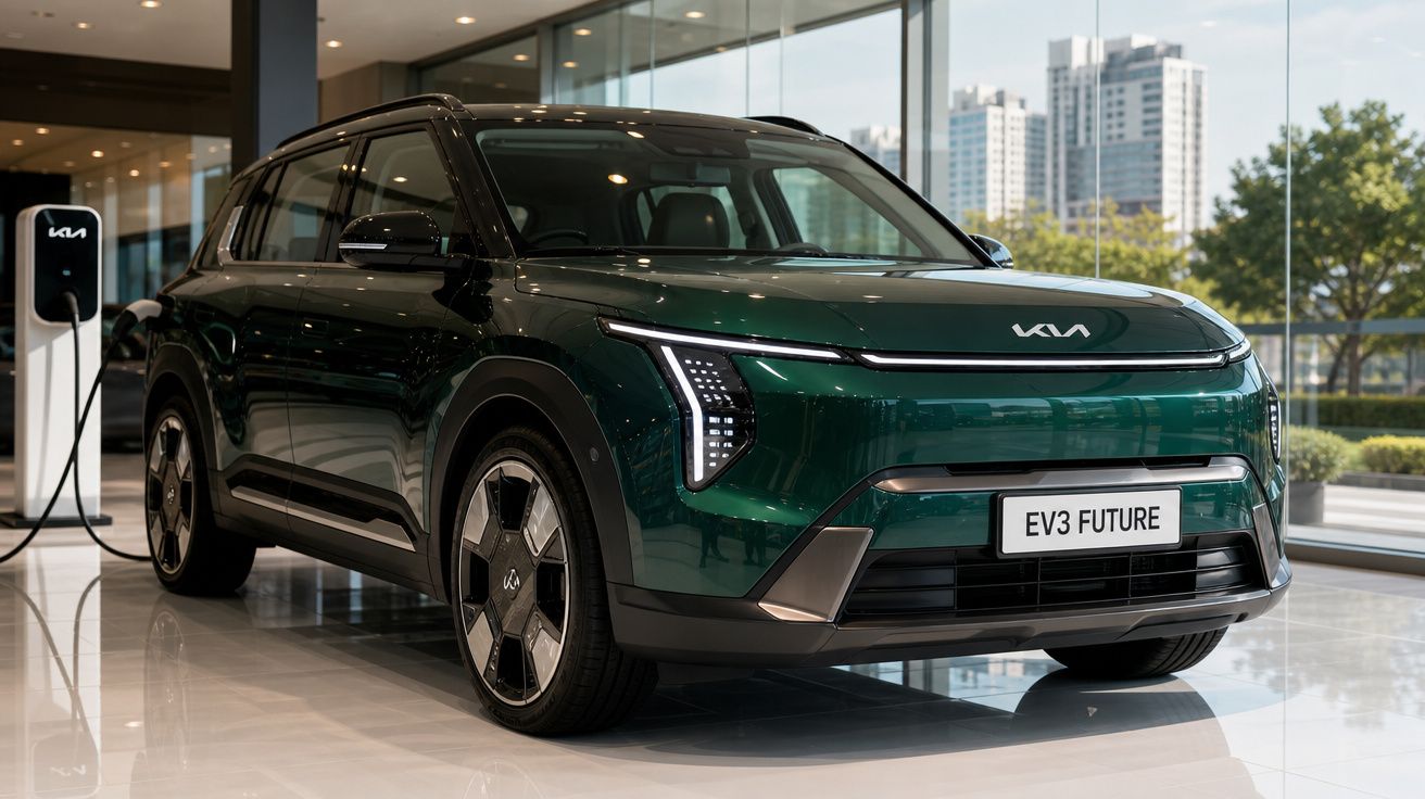 Carro elétrico Kia EV3 Future verde escuro numa loja moderna, ligado a um carregador elétrico.