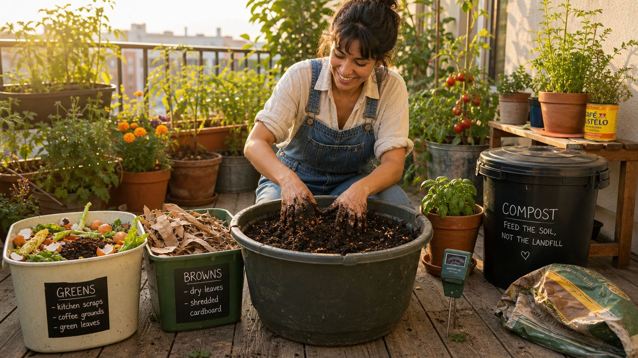Mulher a fazer compostagem com resíduos orgânicos numa varanda ensolarada com várias plantas.