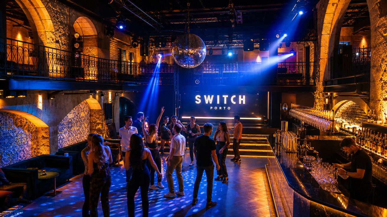 Interior do clube de dança Switch Porto com pessoas a dançar sob luzes coloridas e um balcão de bar iluminado.