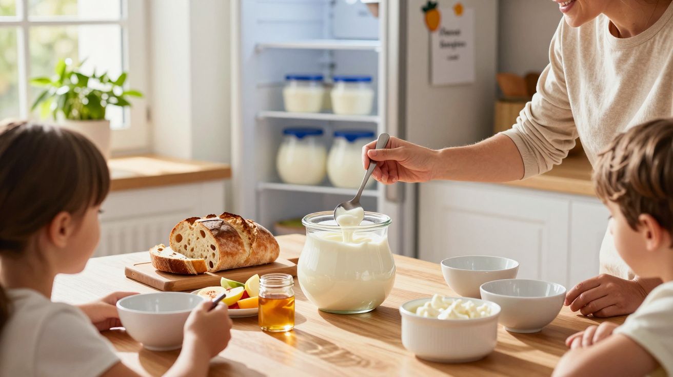 Mãe serve iogurte a duas crianças sentadas à mesa com pão, fruta, mel e taças na cozinha iluminada.