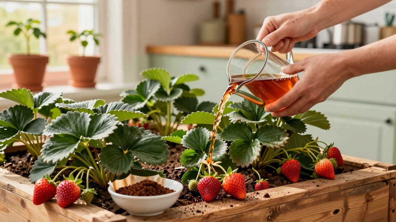 Mãos a regar plantas de morango num jardim interior de madeira com terra e frutos maduros vermelhos.