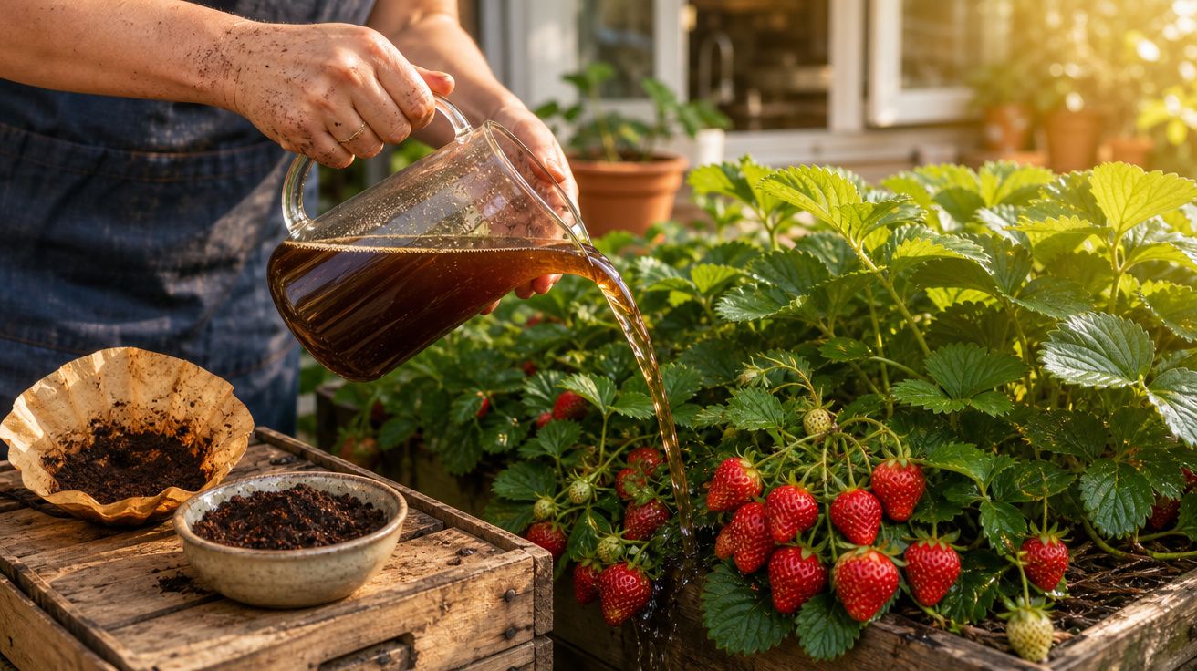 Pessoa a regar plantas de morango com fertilizante líquido em jardim ensolarado.