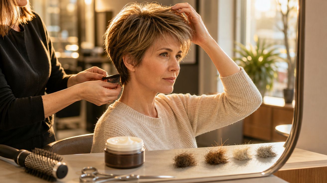 Mulher a observar o cabelo curto no espelho enquanto cabeleireira corta com tesoura num salão iluminado.