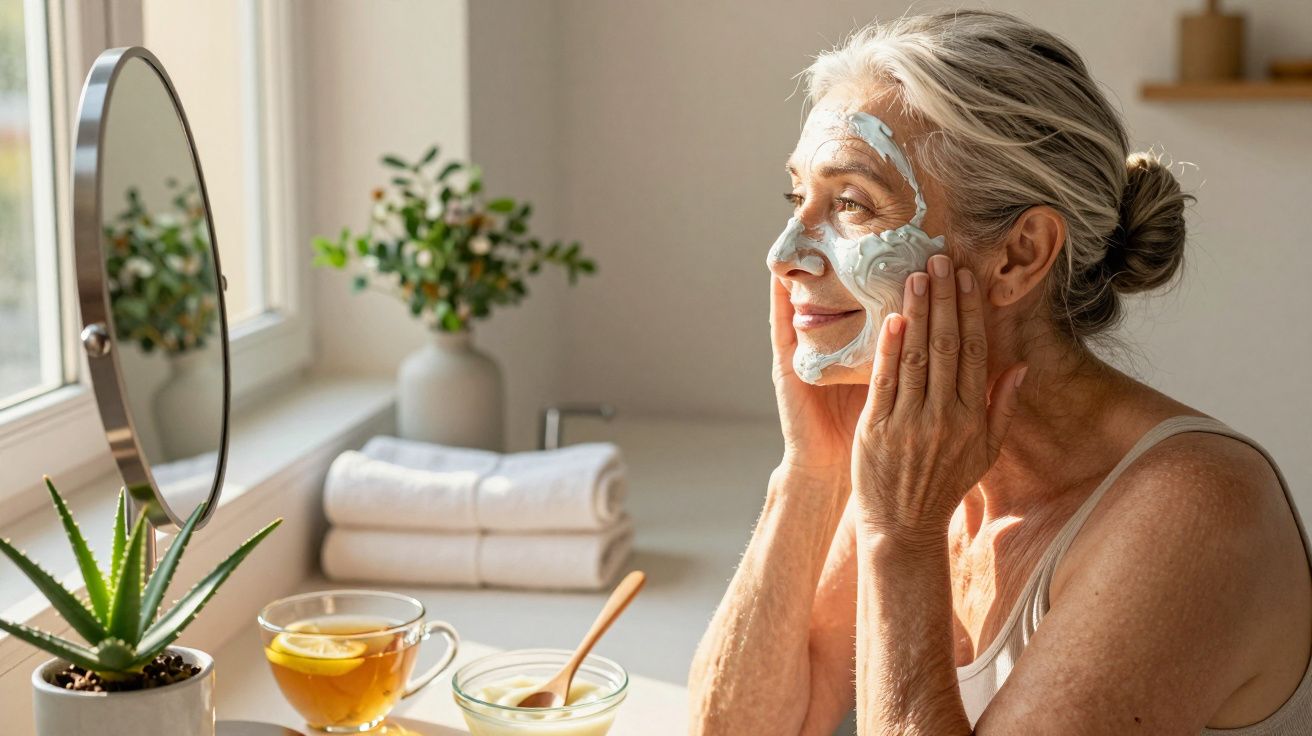 Mulher madura aplica máscara facial em frente a espelho numa casa luminosa com plantas e chá.