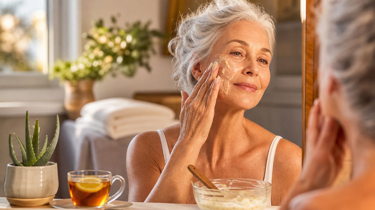 Mulher sénior a aplicar máscara facial junto a espelho, com chá e planta à sua frente.