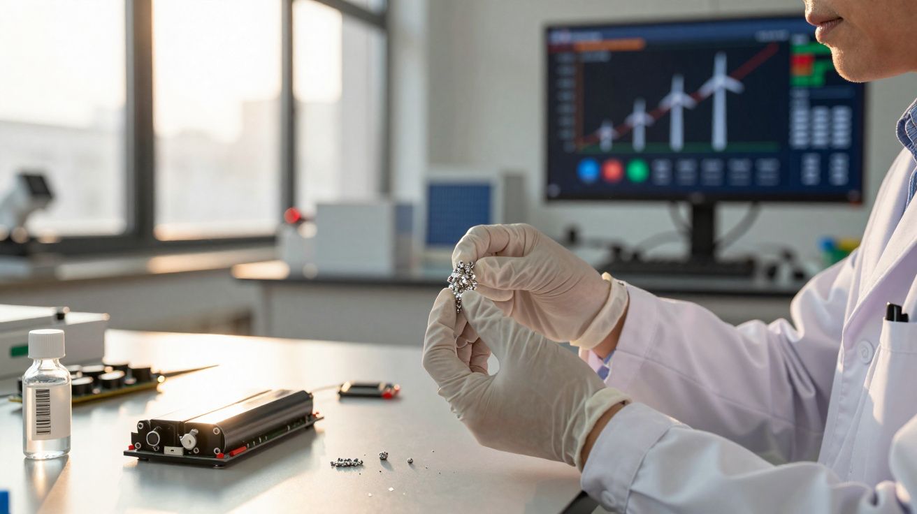 Pessoa com luvas a segurar peças pequenas numa mesa de laboratório com ecrã e dados ao fundo.