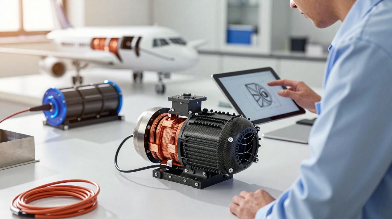 Engenheiro a analisar motor elétrico com esquema técnico num tablet numa bancada de trabalho.