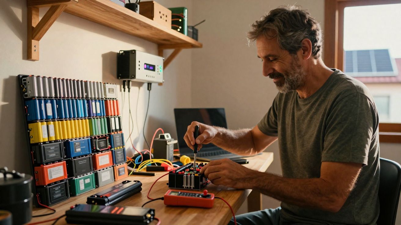 Homem adulto a trabalhar em bateria e equipamento eletrónico num escritório com luz natural.
