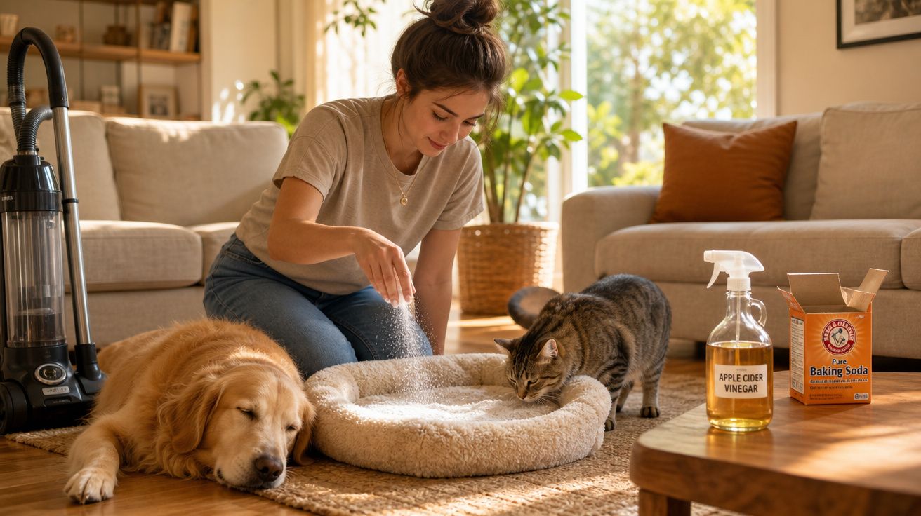 Mulher limpa cama de animal com bicarbonato, junto a cão dourado e gato dentro de sala iluminada.