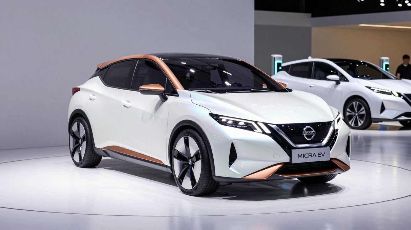 Automóvel eléctrico Nissan Micra EV branco com detalhes em cobre exposto em salão automóvel.