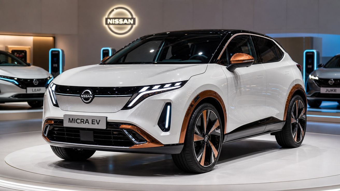 Nissan Micra EV branco com detalhes laranja exposto em salão automóvel, foco na frente e lateral do carro.