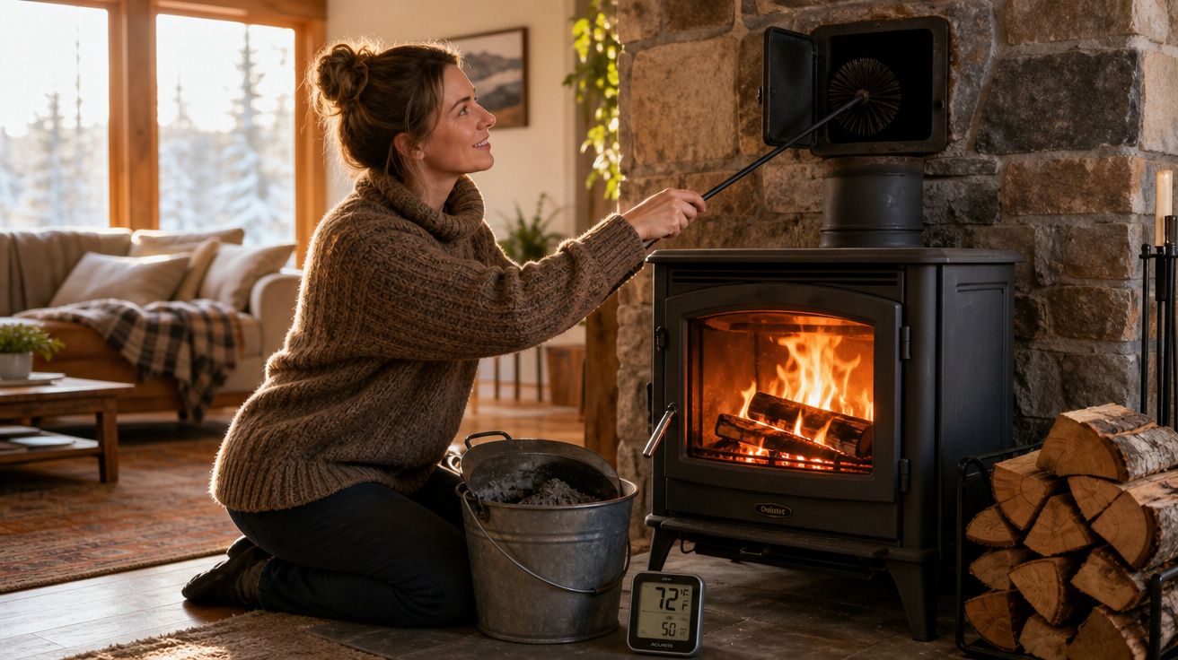 Mulher a alimentar lareira a lenha num ambiente acolhedor com decoração rústica e luz natural.