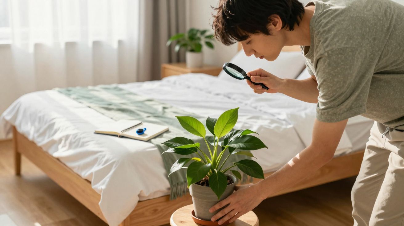 Pessoa a observar planta verde com lupa num quarto iluminado com cama ao fundo.