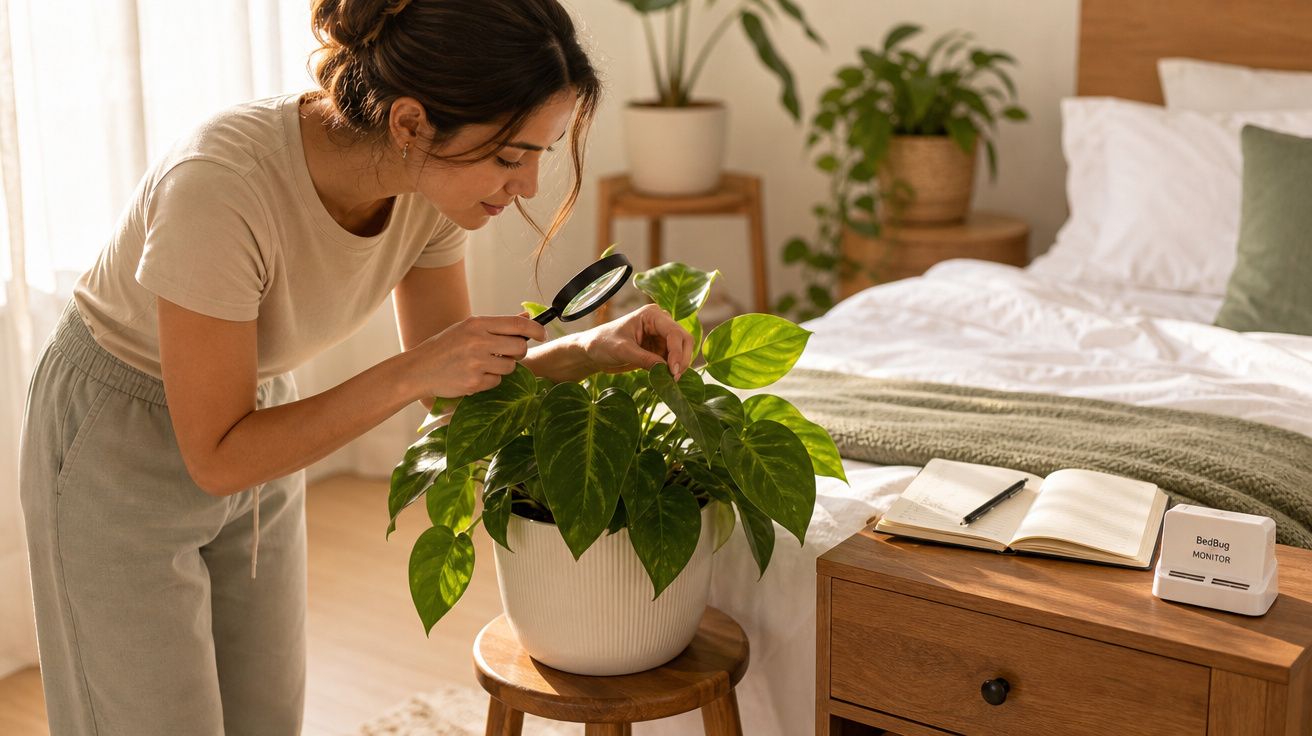 Mulher a examinar planta verde com lupa no quarto, ao lado de cama e mesa de cabeceira com caderno aberto.