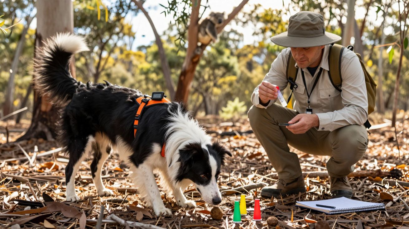 Homem com chapéu observa cão farejador em floresta, com cones coloridos e caderno no chão.