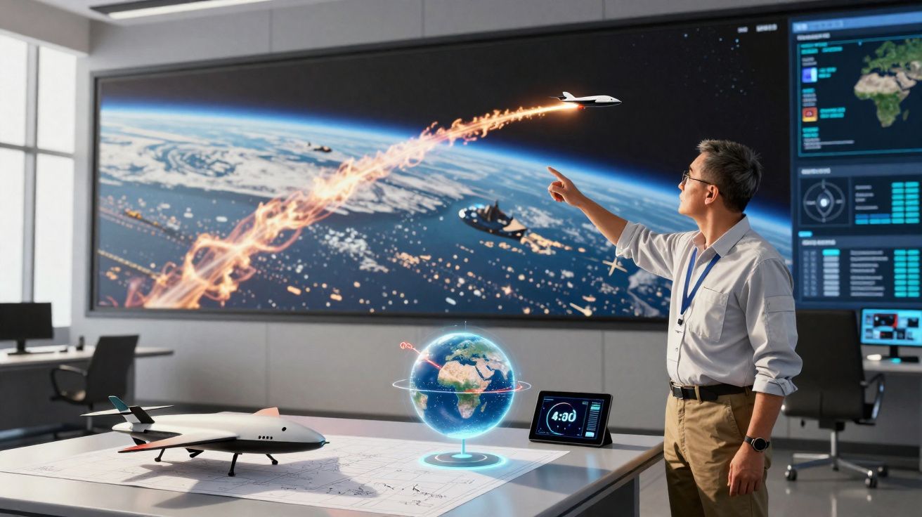 Homem numa sala de controlo interativa aponta para ecrã com simulação de avião e globo terrestre holográfico à frente.