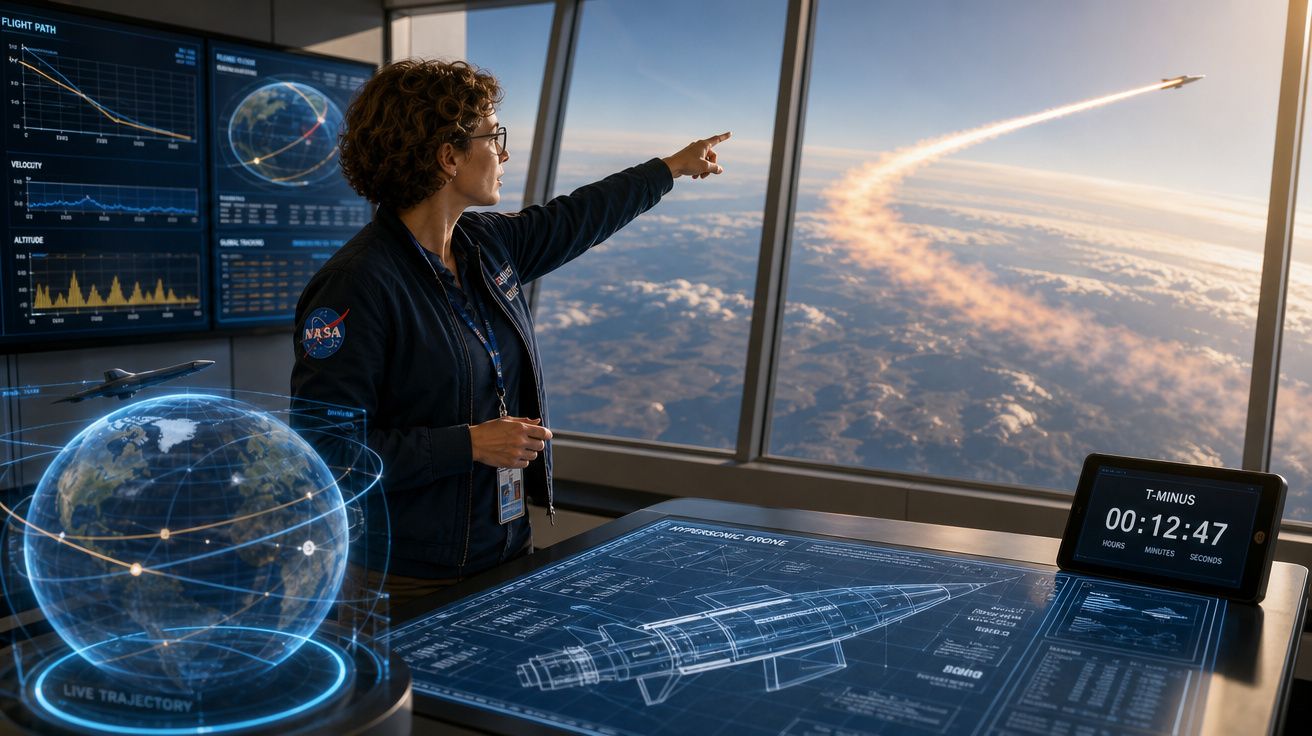 Mulher da NASA aponta para um foguetão a lançar-se no espaço, com gráficos e contagem decrescente em consola.