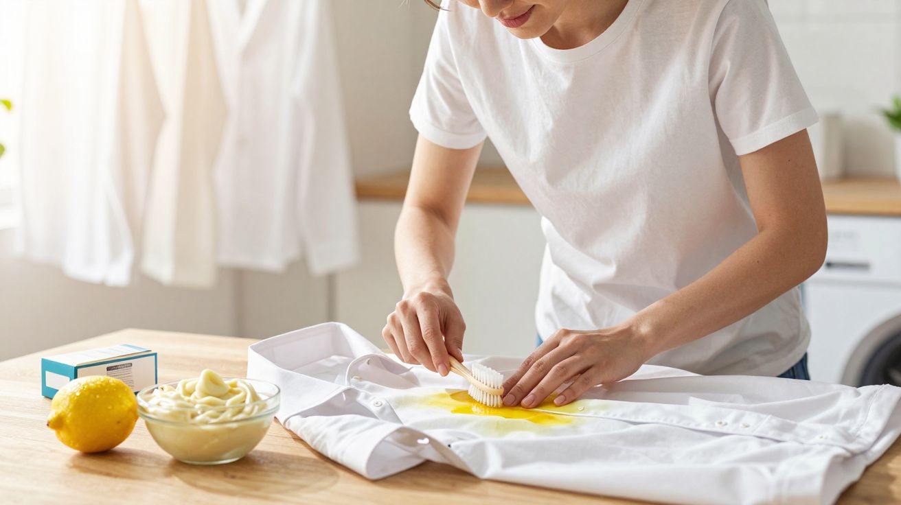 Pessoa a limpar nódoa amarela numa camisa branca com escova, limão e preparado de limpeza numa cozinha.