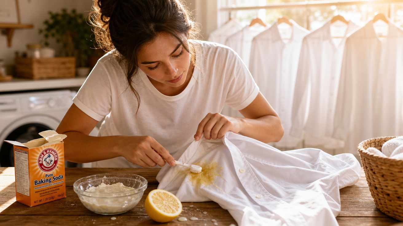 Mulher a remover nódoa amarela de camisa branca com bicarbonato e limão na cozinha iluminada.