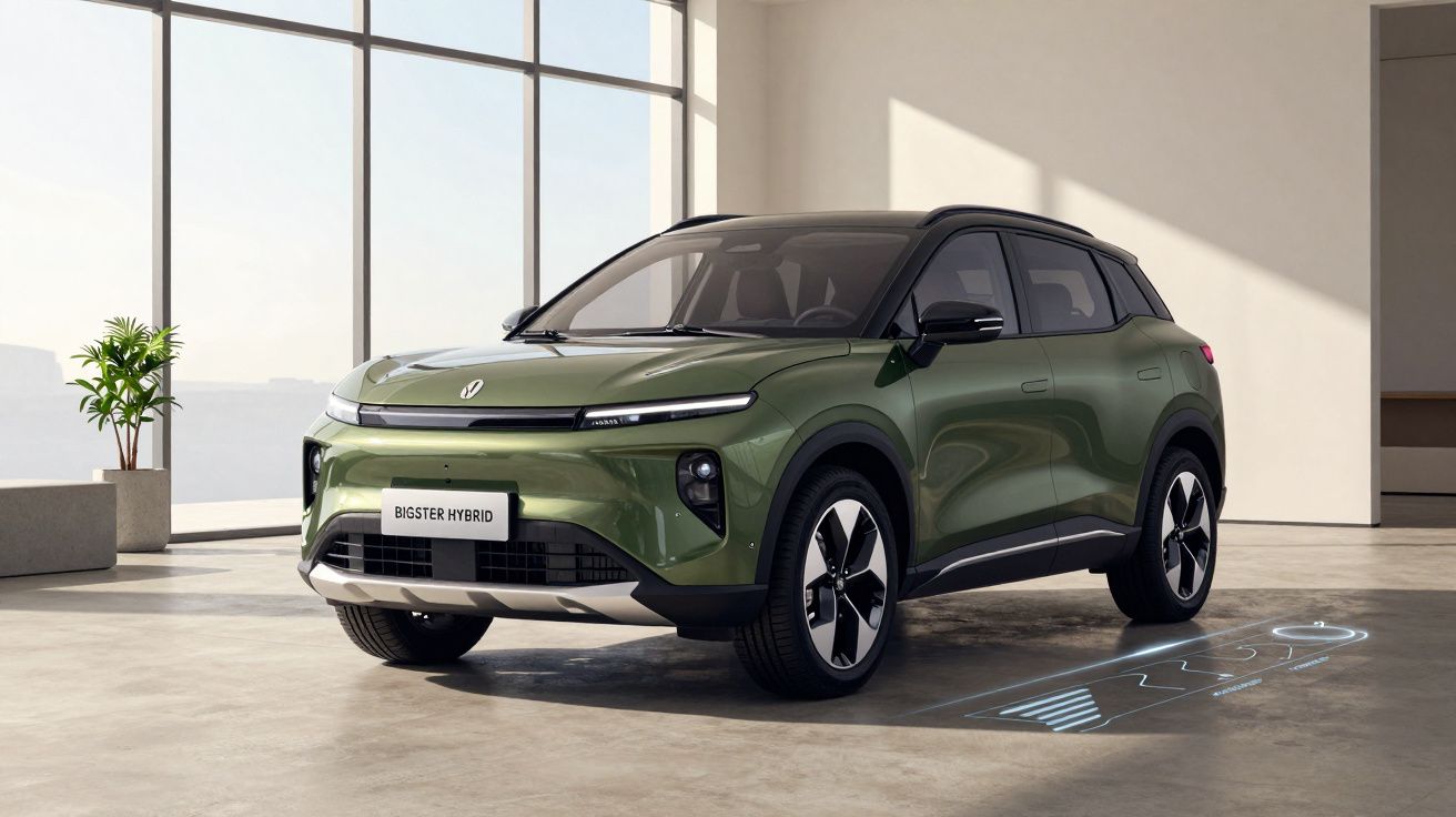 SUV compacto híbrido verde com teto preto estacionado num espaço interior com grandes janelas.