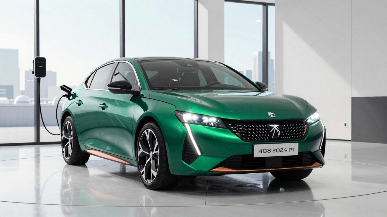 Carro eléctrico verde Peugeot 408 2024 em exposição, ligado a posto de carregamento interior moderno.