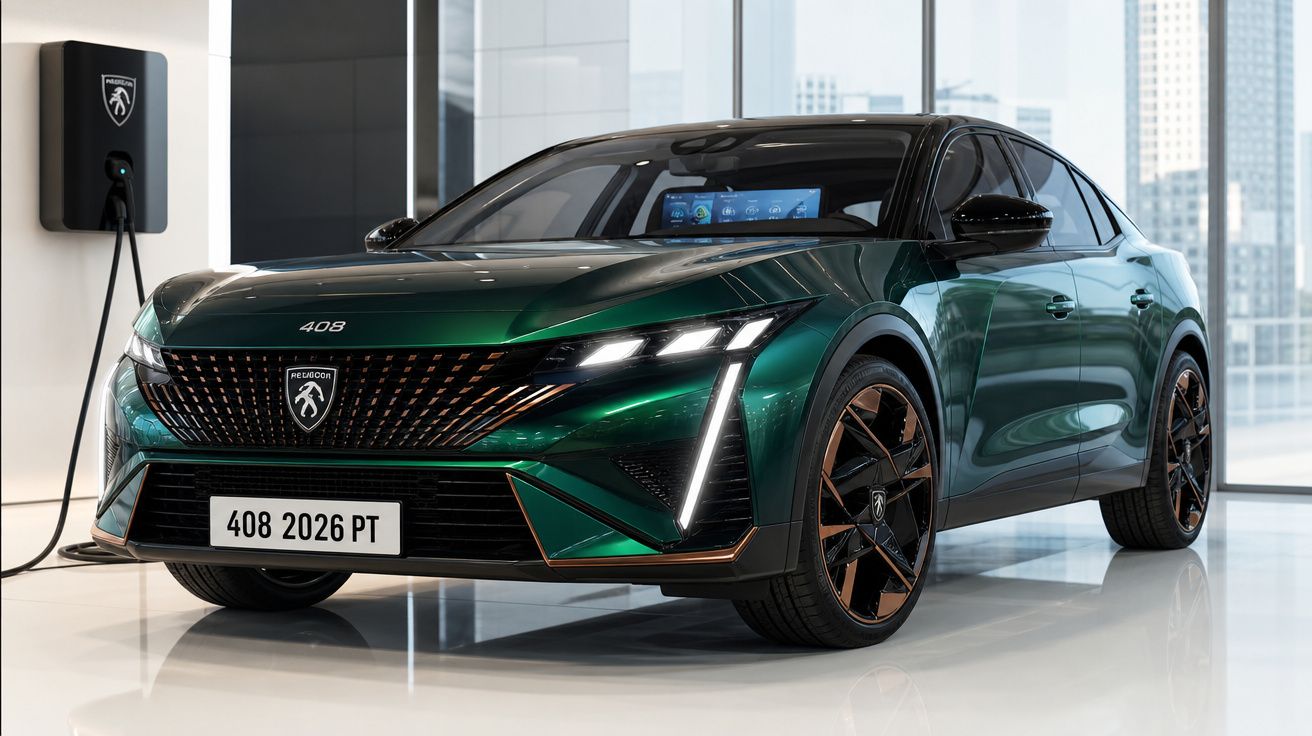Peugeot 408 elétrico verde escuro estacionado em showroom moderno com carregador elétrico na parede.