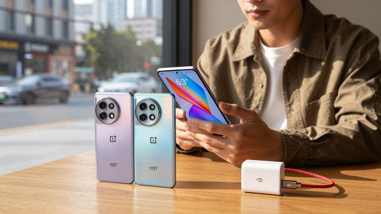 Pessoa a usar telefone OnePlus 11T com dois telemóveis e carregador sobre mesa em ambiente urbano.
