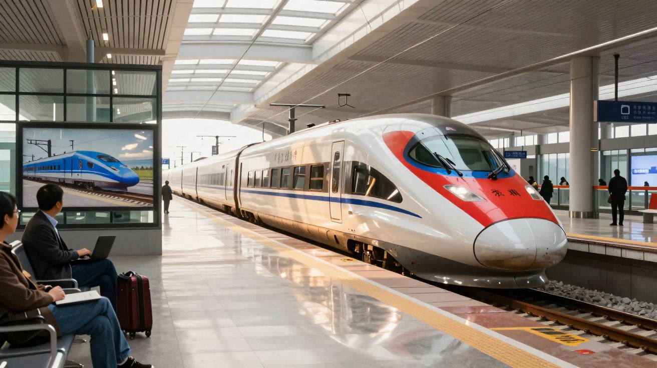 Comboio de alta velocidade branco e vermelho parado numa estação moderna com passageiros à espera.
