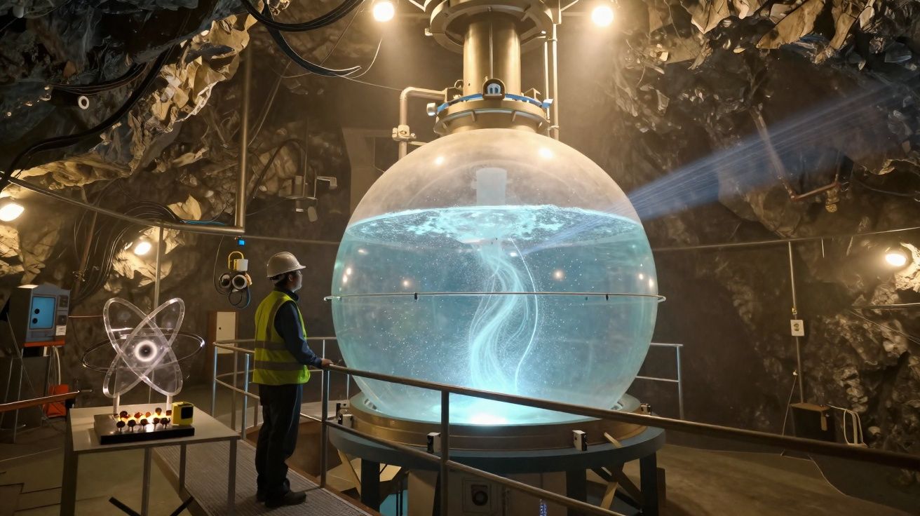 Homem com colete e capacete observa esfera de vidro gigante com líquido iluminado em laboratório subterrâneo.