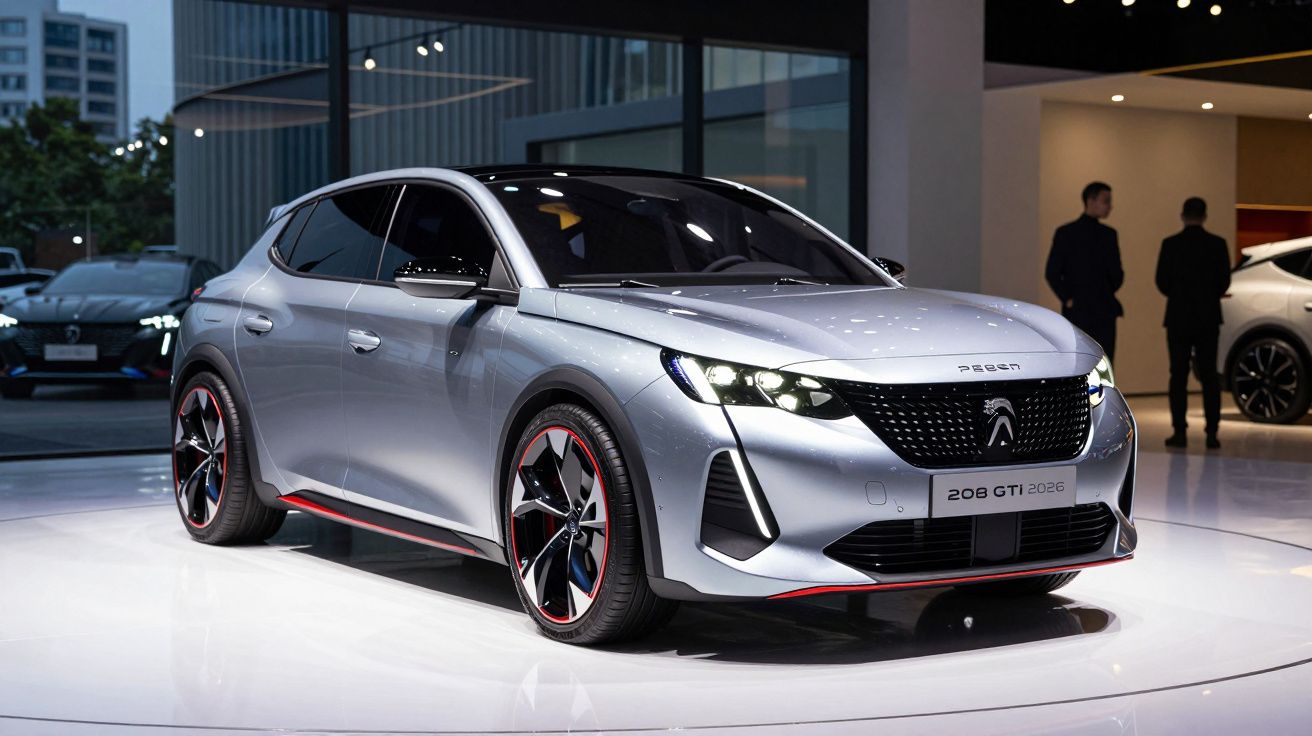 Peugeot 208 GTi 2026 prateado exposto em stand moderno com iluminação suave e duas pessoas ao fundo.