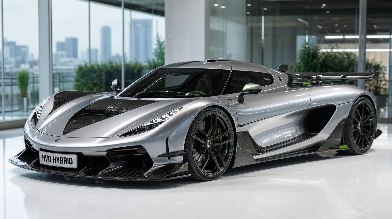 Carro desportivo prata HVO Hybrid com design aerodinâmico, exposto em ambiente interior moderno.