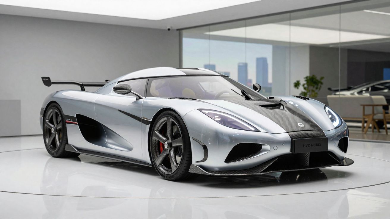 Carro desportivo cinzento prateado com detalhes em carbono numa sala moderna e minimalista.