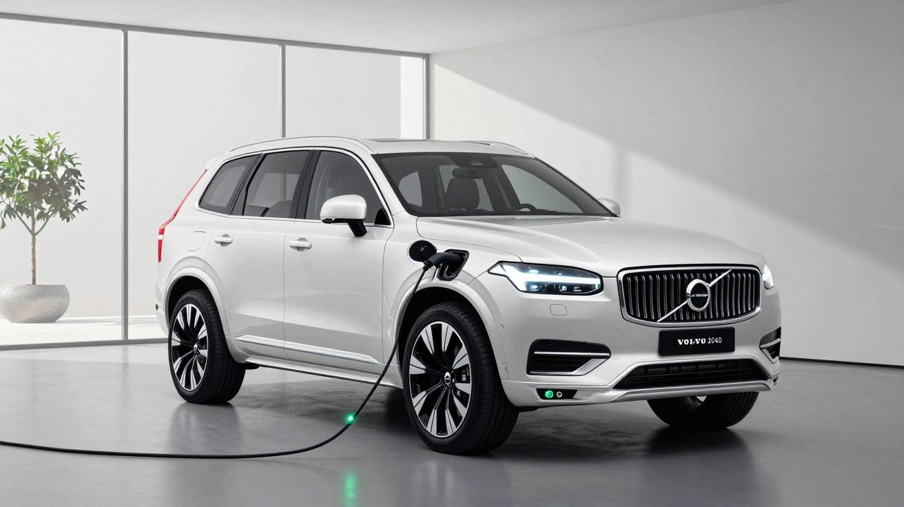 SUV Volvo XC90 branco a carregar energia elétrica num espaço interior minimalista e iluminado.