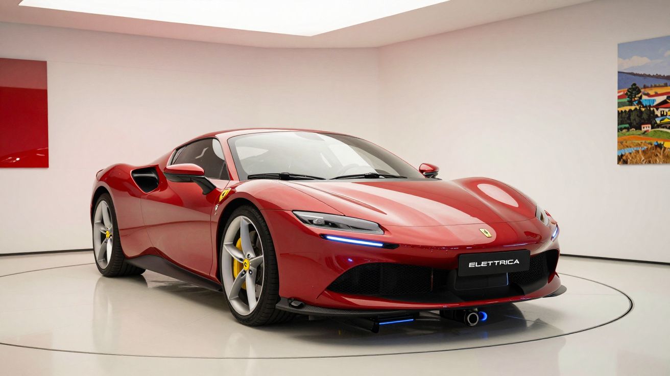 Carro desportivo vermelho Ferrari Elettrica em exposição numa sala de museu com paredes brancas.
