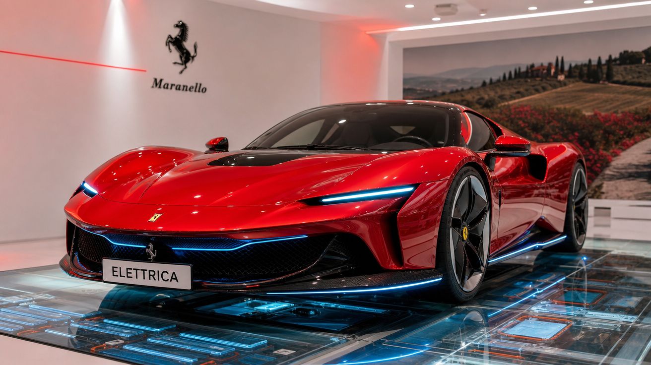 Carro desportivo vermelho Ferrari Elettrica exposto em showroom com ambiente moderno e iluminação LED azul.