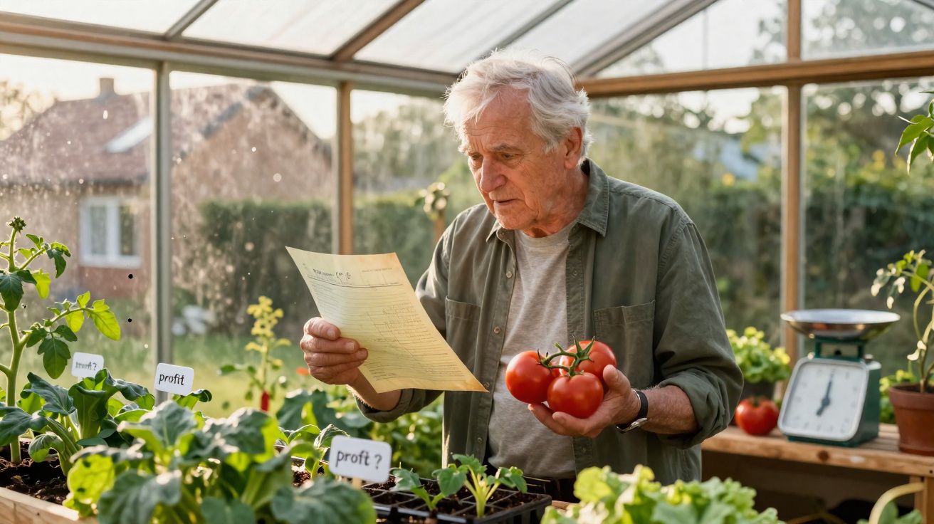 Homem idoso na estufa a segurar tomates e a ler um papel, rodeado por plantas e etiquetas de cultivo.