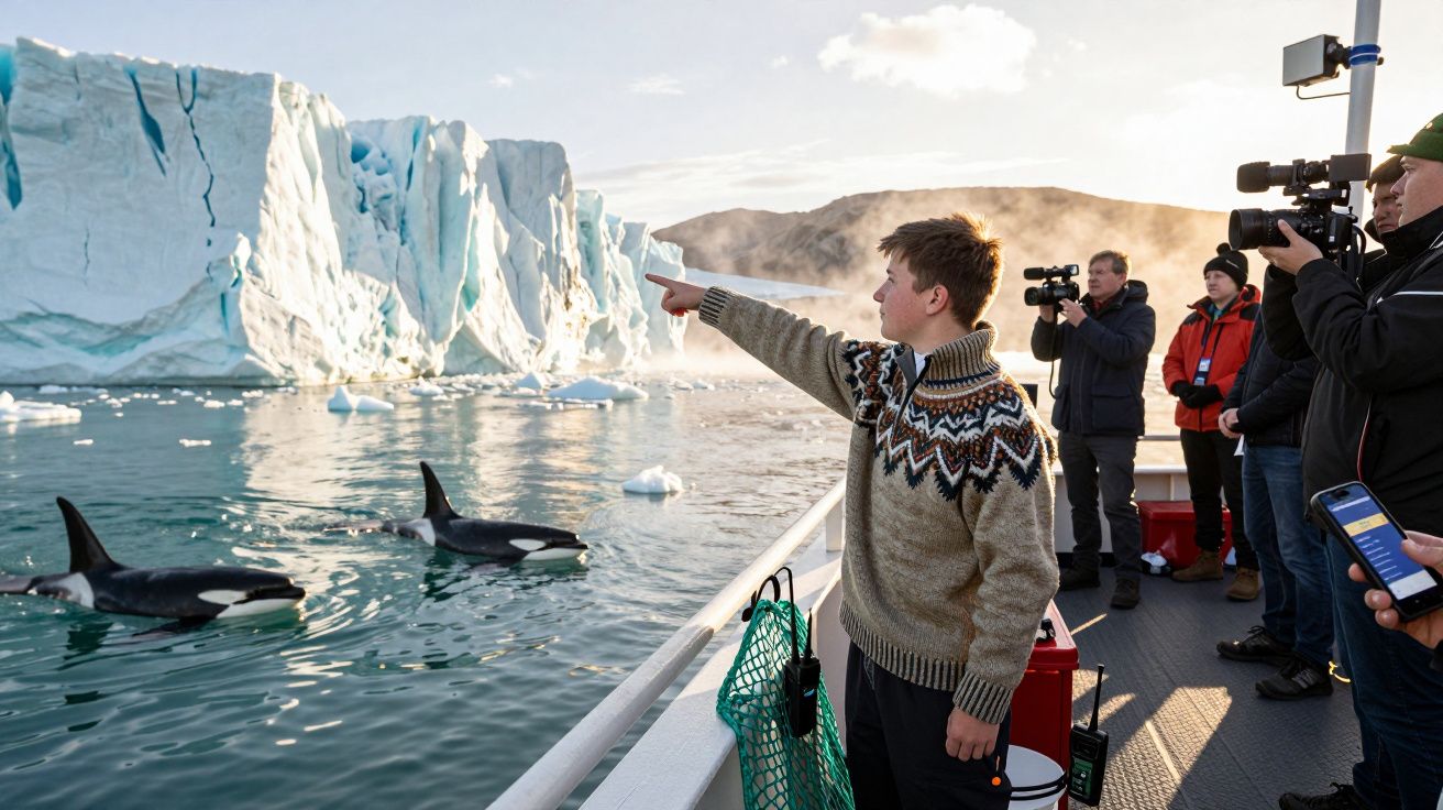 Grupo de pessoas num barco a observar e filmar orcas junto a um grande glaciar ao pôr do sol.