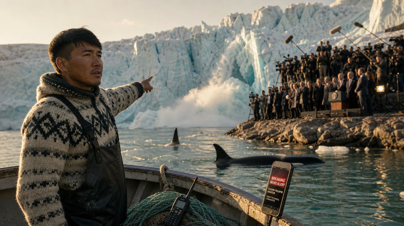 Homem em barco aponta para iceberg em derretimento perante orcas e grupo de pessoas com câmaras na margem.