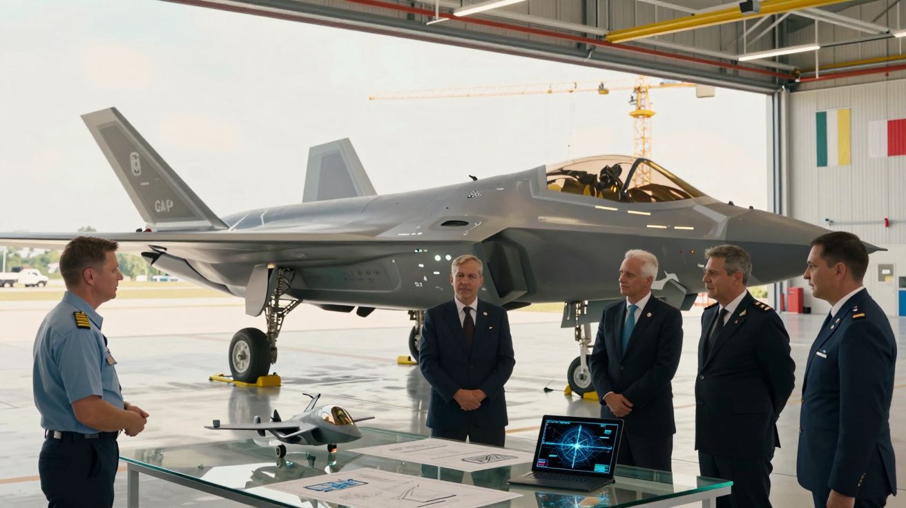 Cinco homens em uniforme e fato observam um caça militar cinzento num hangar espaçoso com documentos e maquetes sobre uma mes