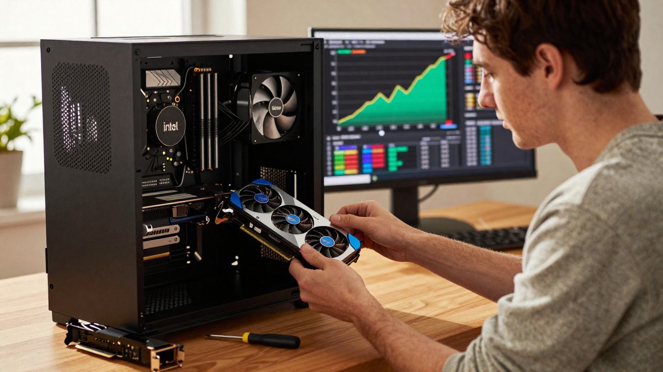Homem a montar uma placa gráfica num computador aberto numa mesa com gráfico financeiro no ecrã.
