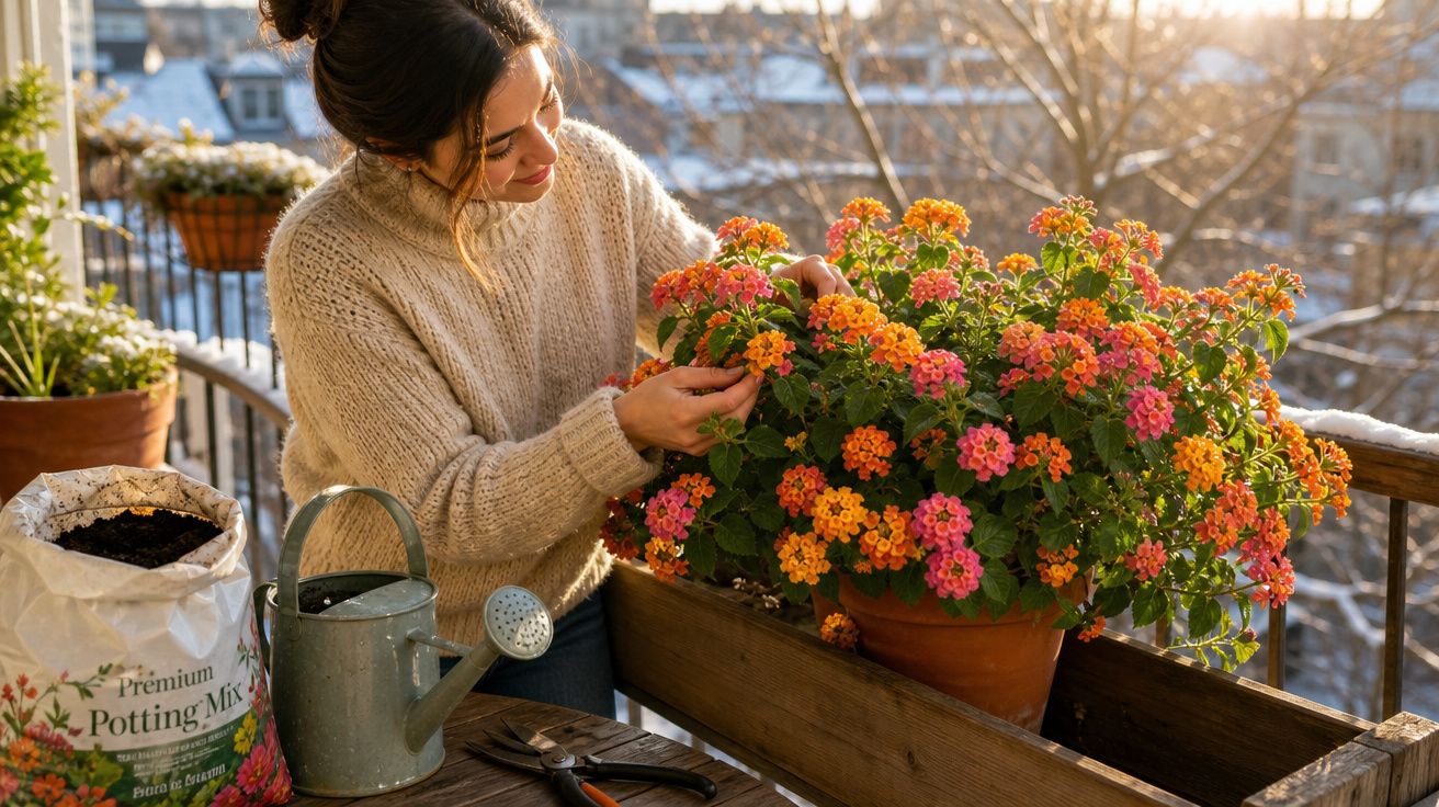 Mulher a cuidar de flores coloridas num vaso numa varanda ensolarada com ferramentas de jardinagem.