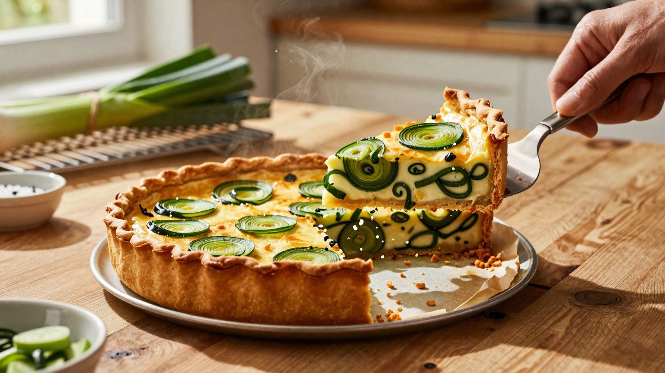 Tarte salgada de queijo e courgette com uma fatia a ser servida numa espátula sobre mesa de madeira.