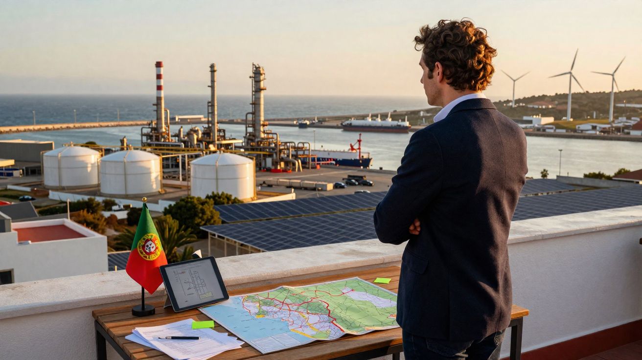 Homem de pé olhando para refinaria e aerogeradores, com mapa e bandeira de Portugal numa mesa ao ar livre.