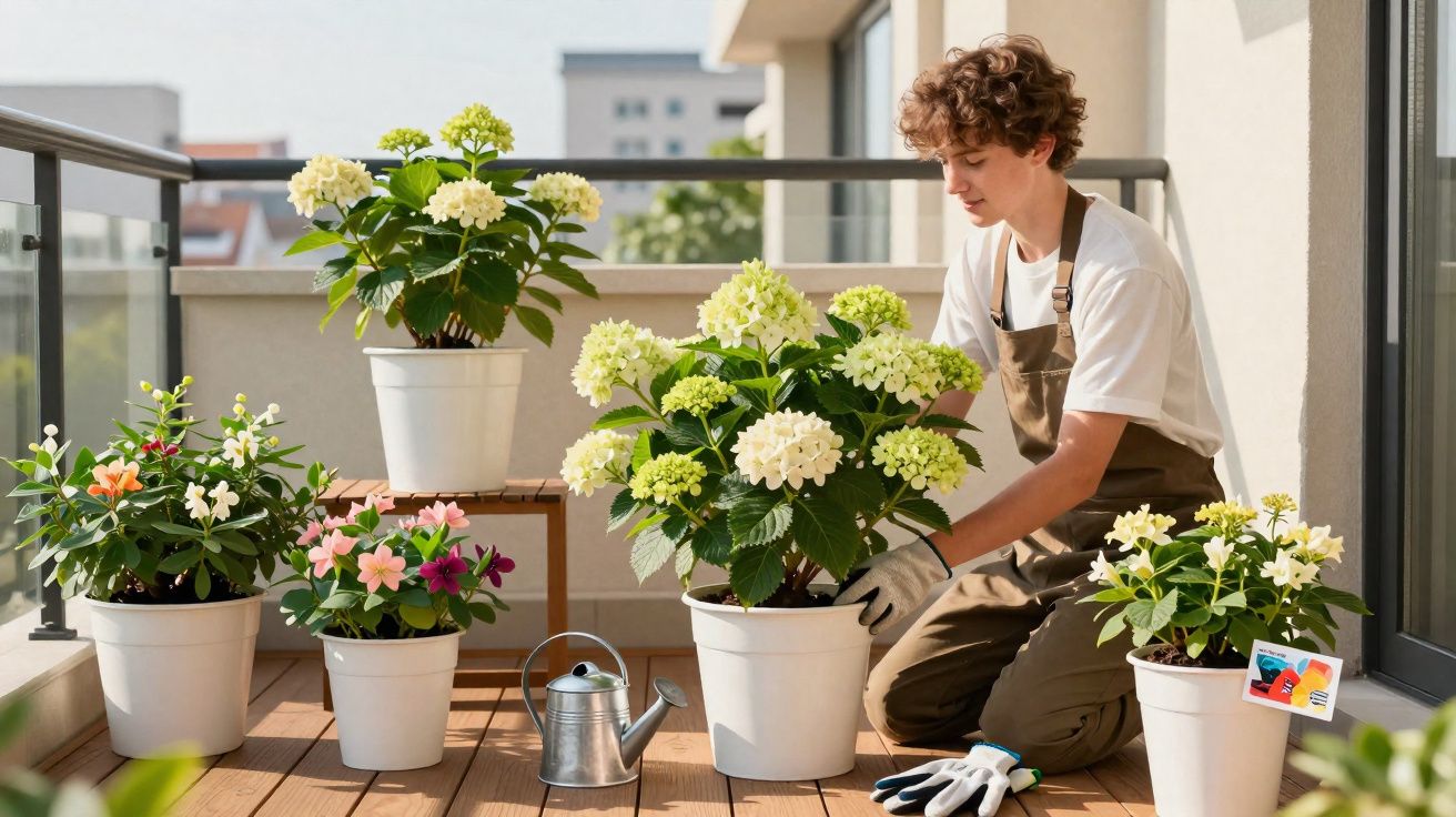 Jovem a cuidar de plantas floridas em vasos num terraço ensolarado, ao lado de um regador e luvas de jardinagem.