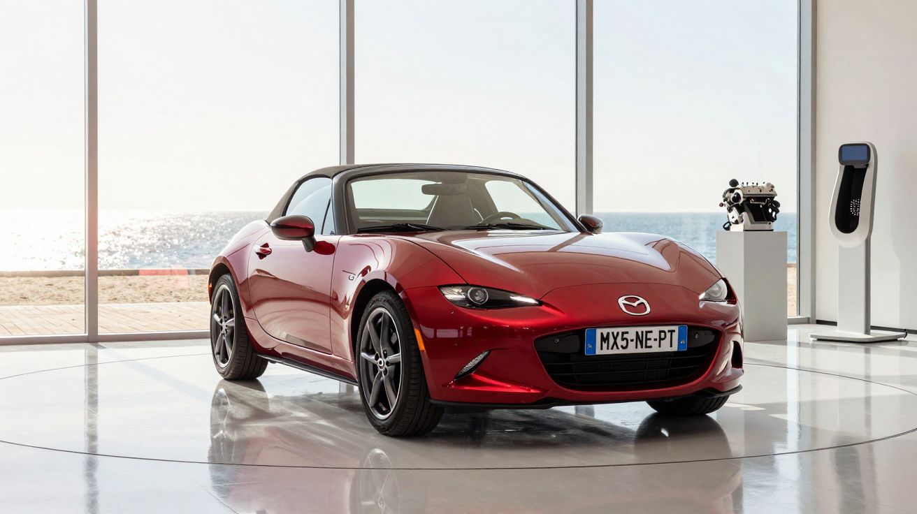 Carro desportivo descapotável vermelho Mazda MX-5 exposto numa sala com janelas grandes junto ao mar.