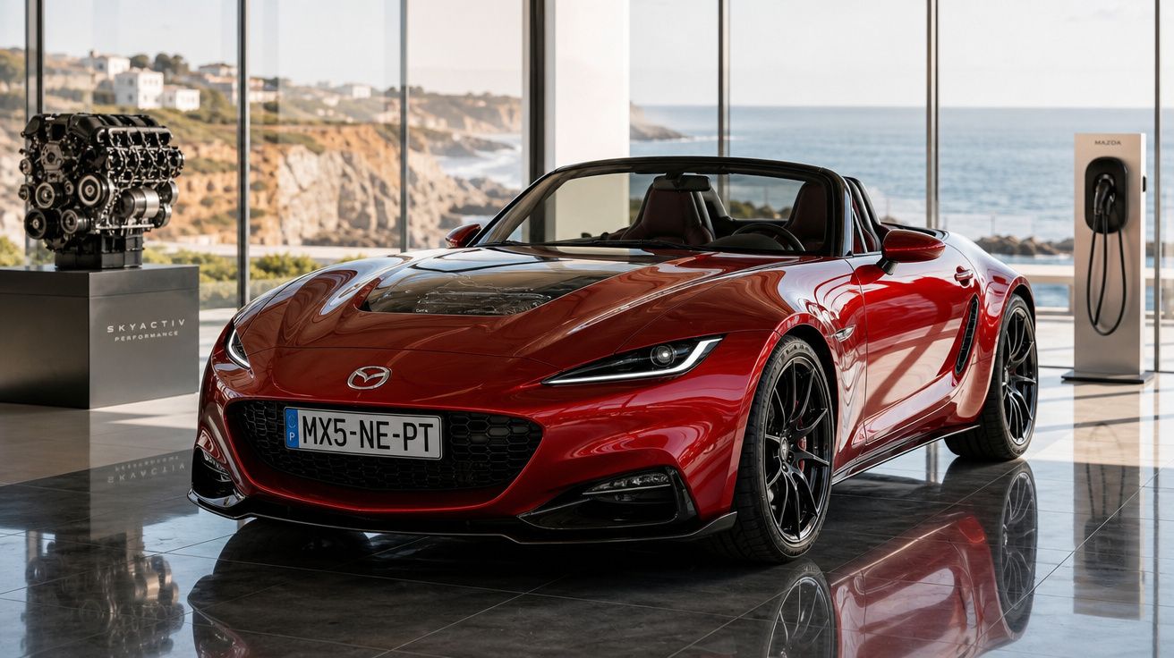 Carro desportivo Mazda MX-5 vermelho exposto em showroom com vista para o mar.