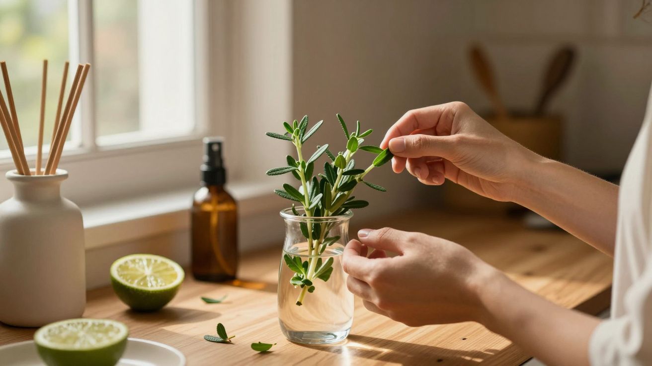 Mãos a colocar folhas verdes num copo com água numa mesa de madeira junto a uma janela iluminada.