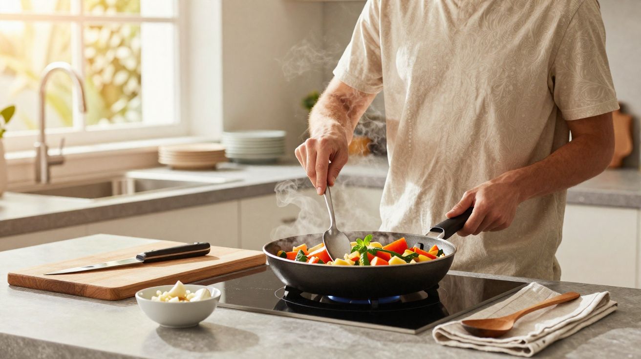 Pessoa a cozinhar legumes coloridos numa frigideira sobre placa de fogão na cozinha moderna.