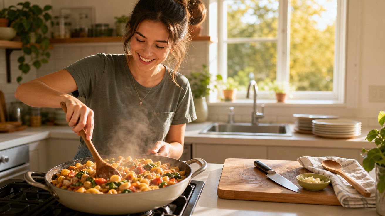 Mulher a cozinhar uma refeição colorida numa panela grande numa cozinha luminosa e acolhedora.